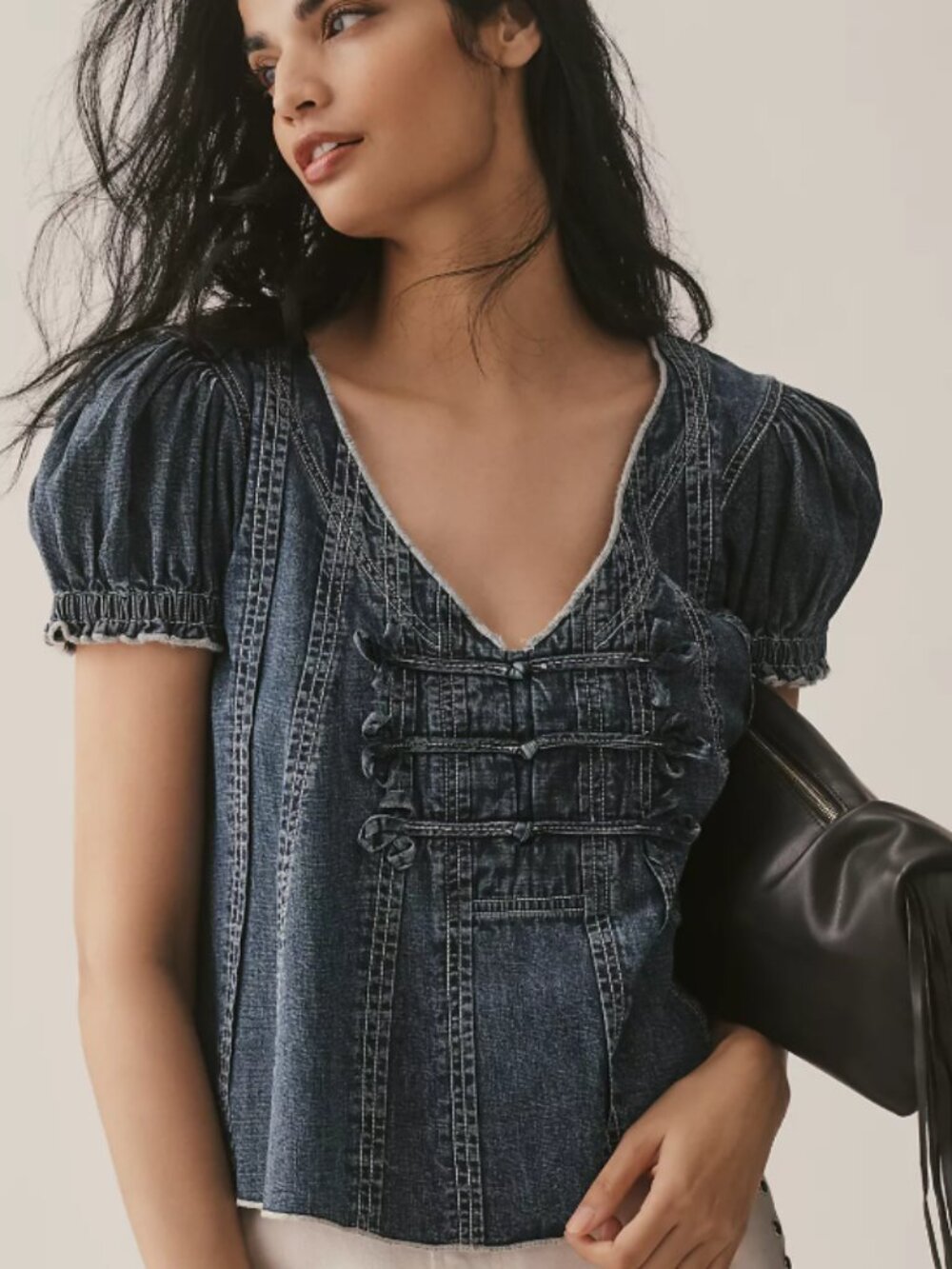 Pilcro Anthropologie Pilcro Puff-Sleeve V-Neck Swing Blouse Sz M Denim